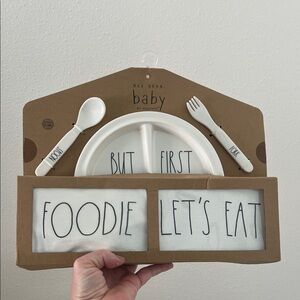 Rae Dunn baby gift set plate utensils and two bodysuits